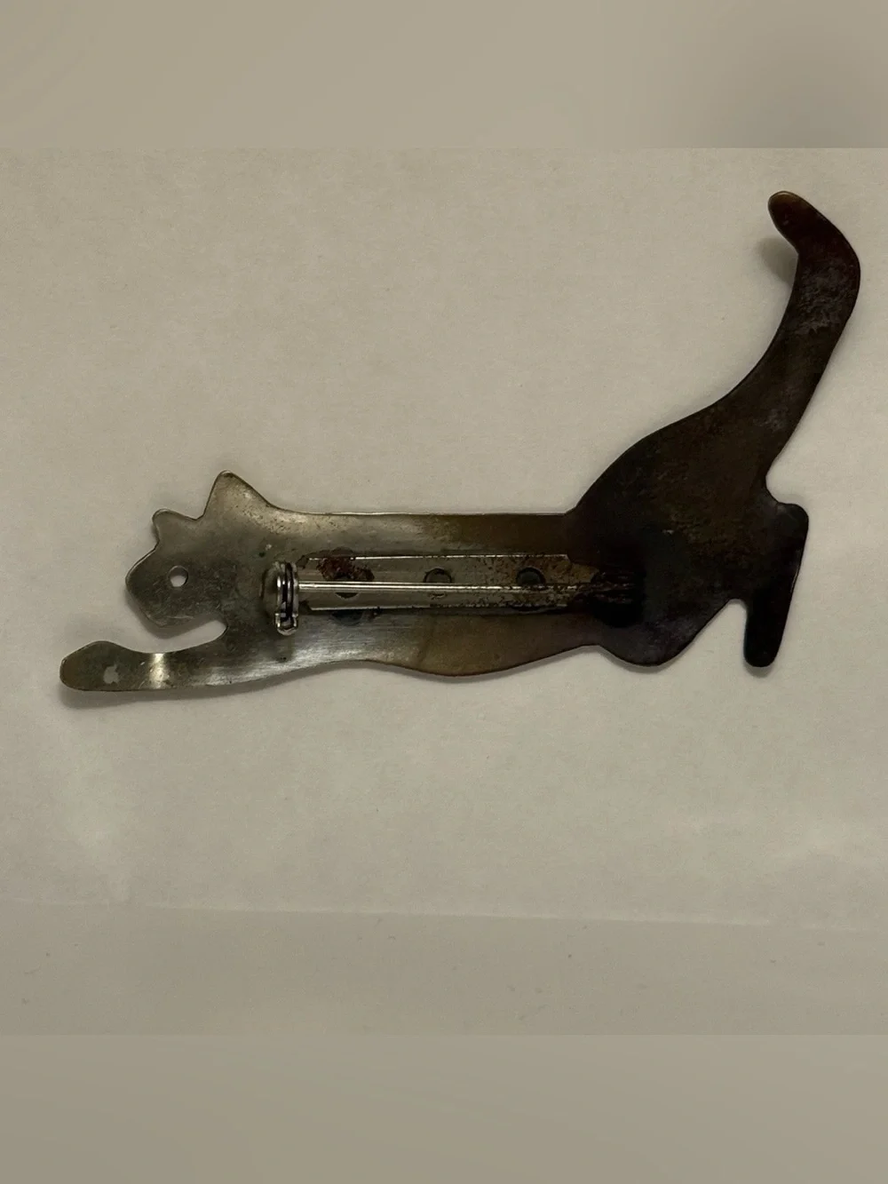 Vintage Mid Century Modern Silver Tone Leaping Cat Brooch 3” Patina